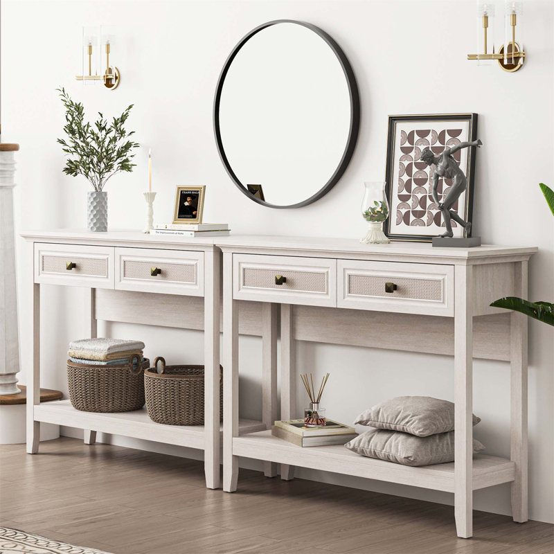 Console Table with Rattan Drawers Wooden Sofa Tables Narrow Long Boho Entryway Table Side Couch Entry Table for Living Room Red Barrel Studio